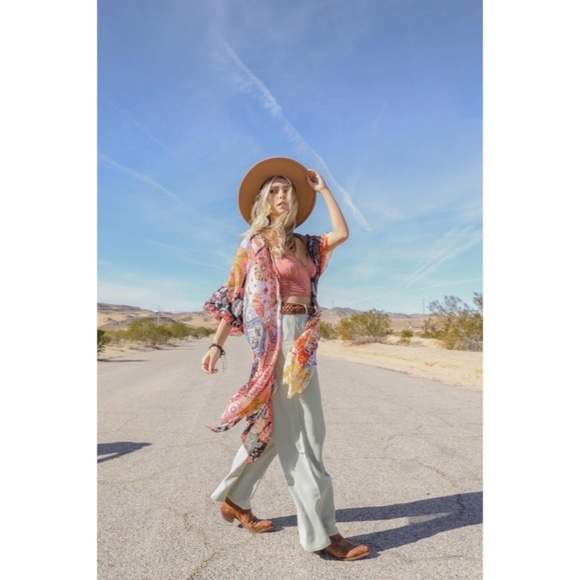 SOLD OUT Sky Blue Boho Patchwork Floral Bohemian Kimono Wrap Coverup Open Top - Picture 2 of 4